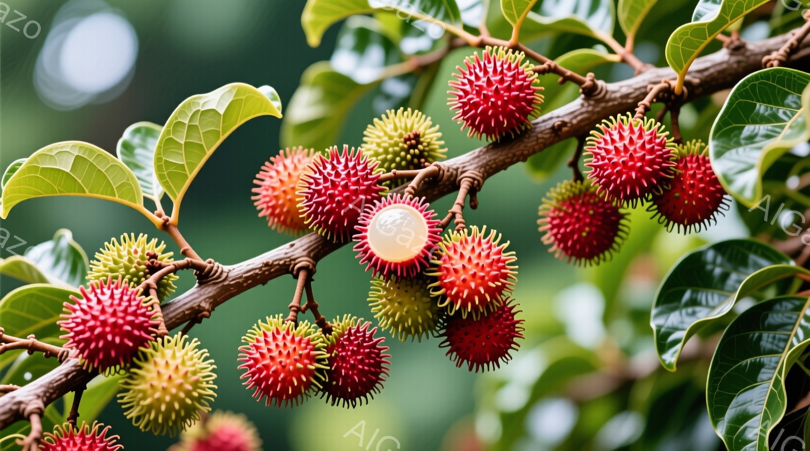 鮮やかな赤と黄色のトゲを持つライチの実が、茶色の枝に密集してぶら下がっています。緑色の葉が実の周りを飾り、背景にはぼやけた緑の自然が見えます。全体的に、太陽の光を浴びたライチの豊かな実りの様子を捉えた、明るく鮮やかな雰囲気の写真です。