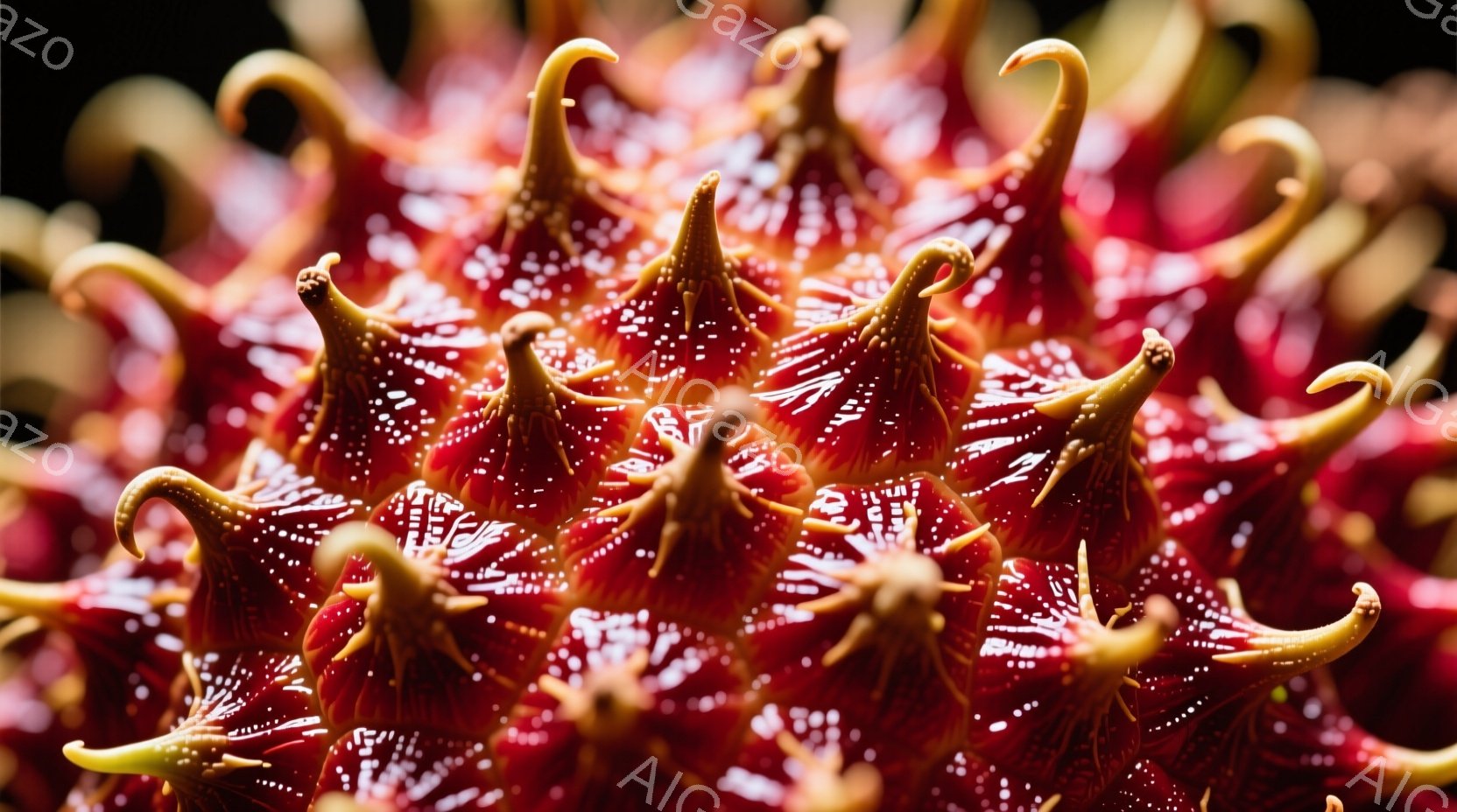 鮮やかな赤色のトゲのような突起が密集し、まるで深海の生物や異質な植物の表面を捉えたクローズアップ写真のようです。各突起は白い点々模様で覆われ、光の加減で影が強調され、独特のテクスチャと立体感が生まれています。全体的に不気味でありながらも、どこか神秘的な雰囲気を醸し出しています。