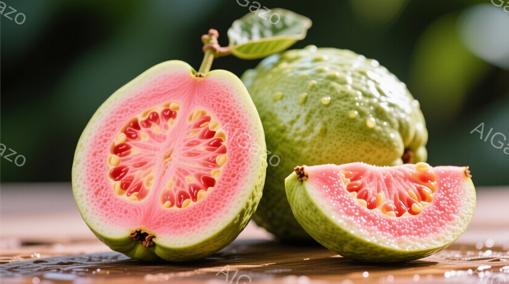鮮やかなピンク色の果肉を持つグアバが、木製のテーブルの上に置かれています。一つは半分にカットされ、種が密集して見える内部が露わになっています。背景には緑色のぼかしがあり、自然な光が柔らかく全体を照らしています。