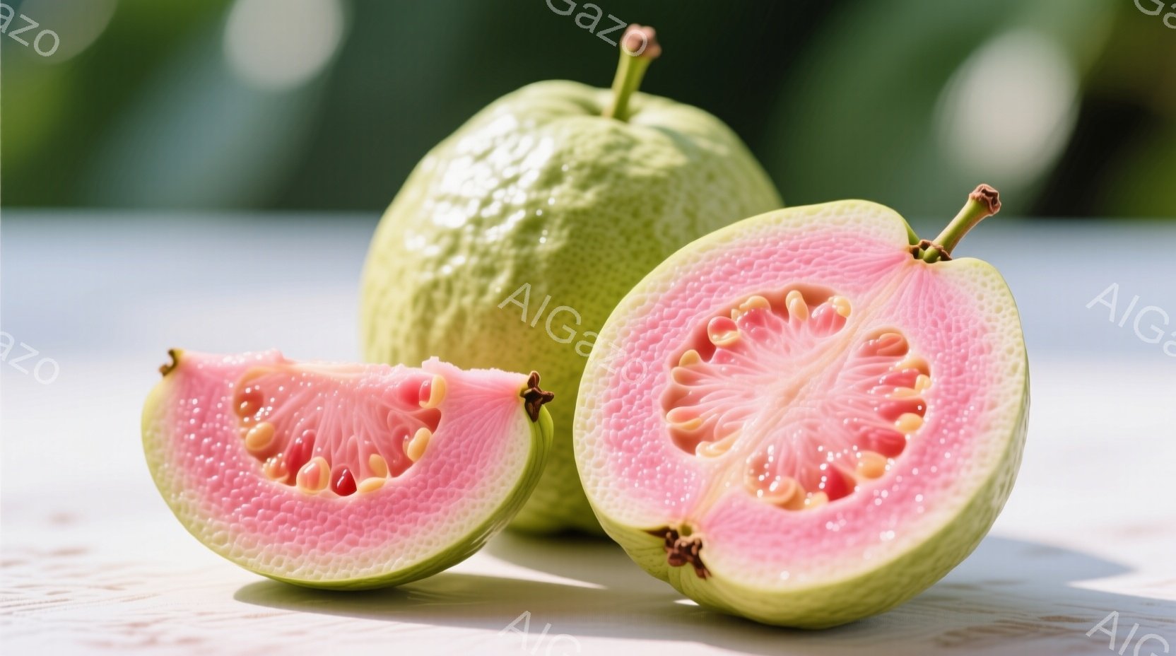 浅緑色のグアバが二つ、白い木製の表面に置かれています。一つは丸ごとで、もう一つは半分にカットされており、ピンク色の果肉と小さな種がはっきりと見えます。背景はぼやけており、グアバがメインの被写体として際立っています。