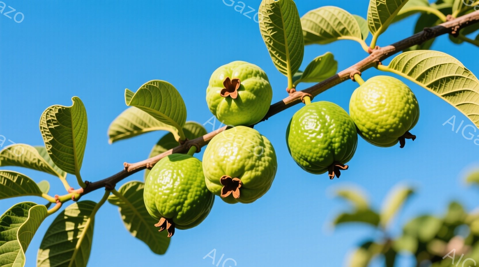 青々としたグアバが枝に実っており、葉とのコントラストが鮮やかである。背景は澄み切った青空で、晴天の下でグアバが成長している様子が伝わる。全体的に爽やかで自然豊かな雰囲気を感じさせる。 - AI生成フリー素材
