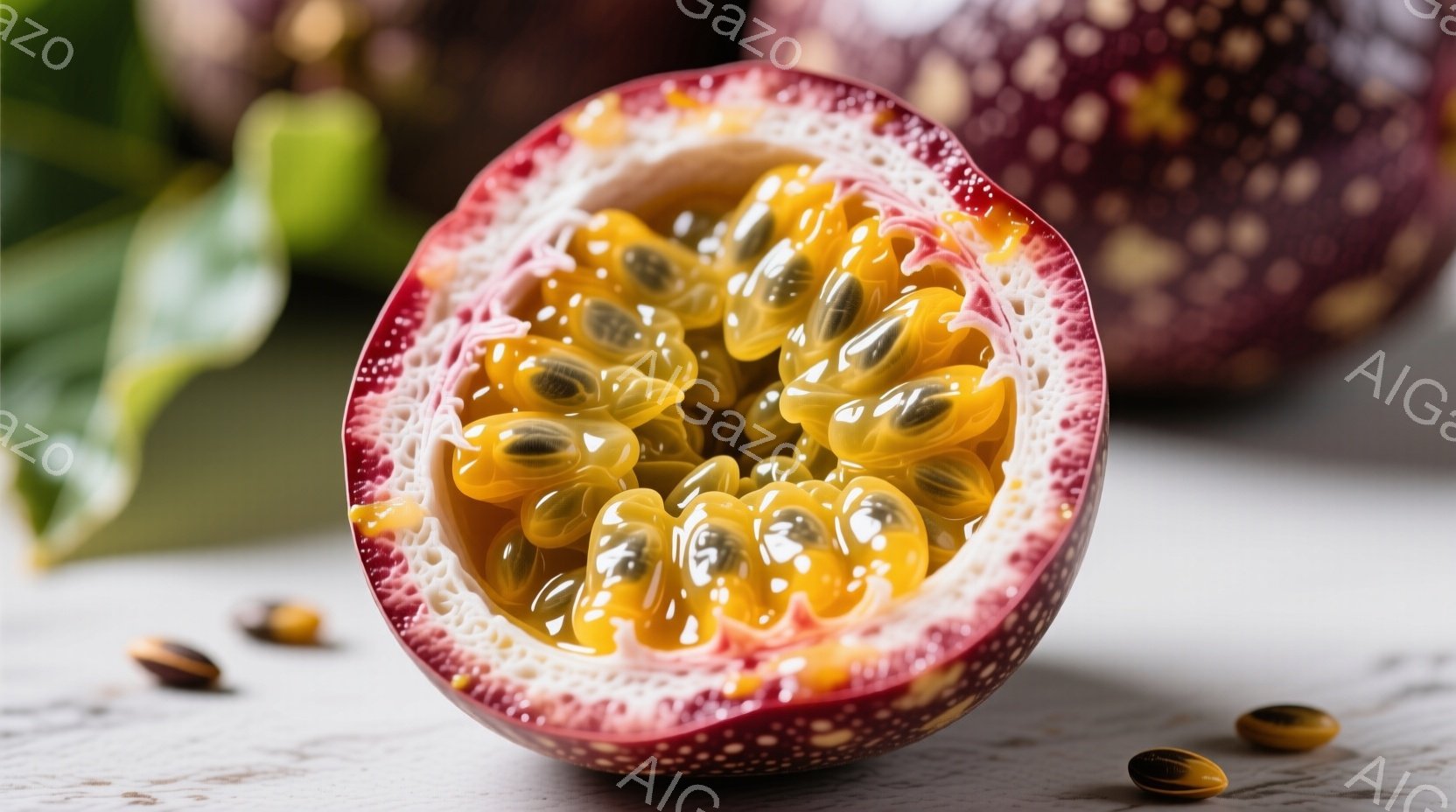 パッションフルーツが半分にカットされ、内部の種子と果肉が露出しているクローズアップ写真です。果肉は黄色く、種子は小さくて黒く、周りの赤い果皮とのコントラストが鮮やかです。背景は白く、葉がわずかに見え、 - AI生成フリー素材