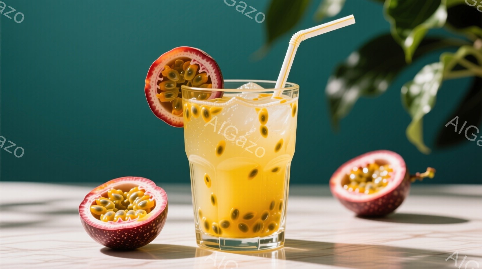 パッションフルーツを使ったドリンクがグラスに注がれており、中には小さな黒い種が見えます。グラスの周りには半分にカットされたパッションフルーツが２つ配置され、背景はターコイズブルーの壁と、ぼやけた緑色の植物です。全体的に、鮮やかで爽やかな印象を与える、明るい光が当たった静物画です。