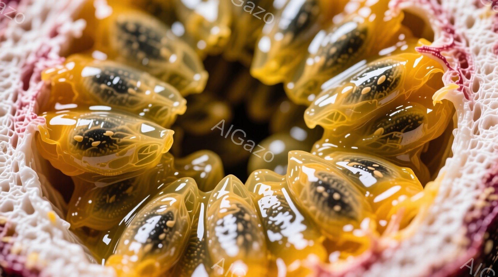 パッションフルーツの断面が、鮮やかなオレンジ色の果肉と黒い種子を露わにしている。果肉はゼリー状で、光沢があり、まるで小さな宝石のような形状をしている。背景は赤みがかった果皮で、複雑なハニカム構造が特徴的で、全体的にトロピカルでエキゾチックな雰囲気を醸し出している。