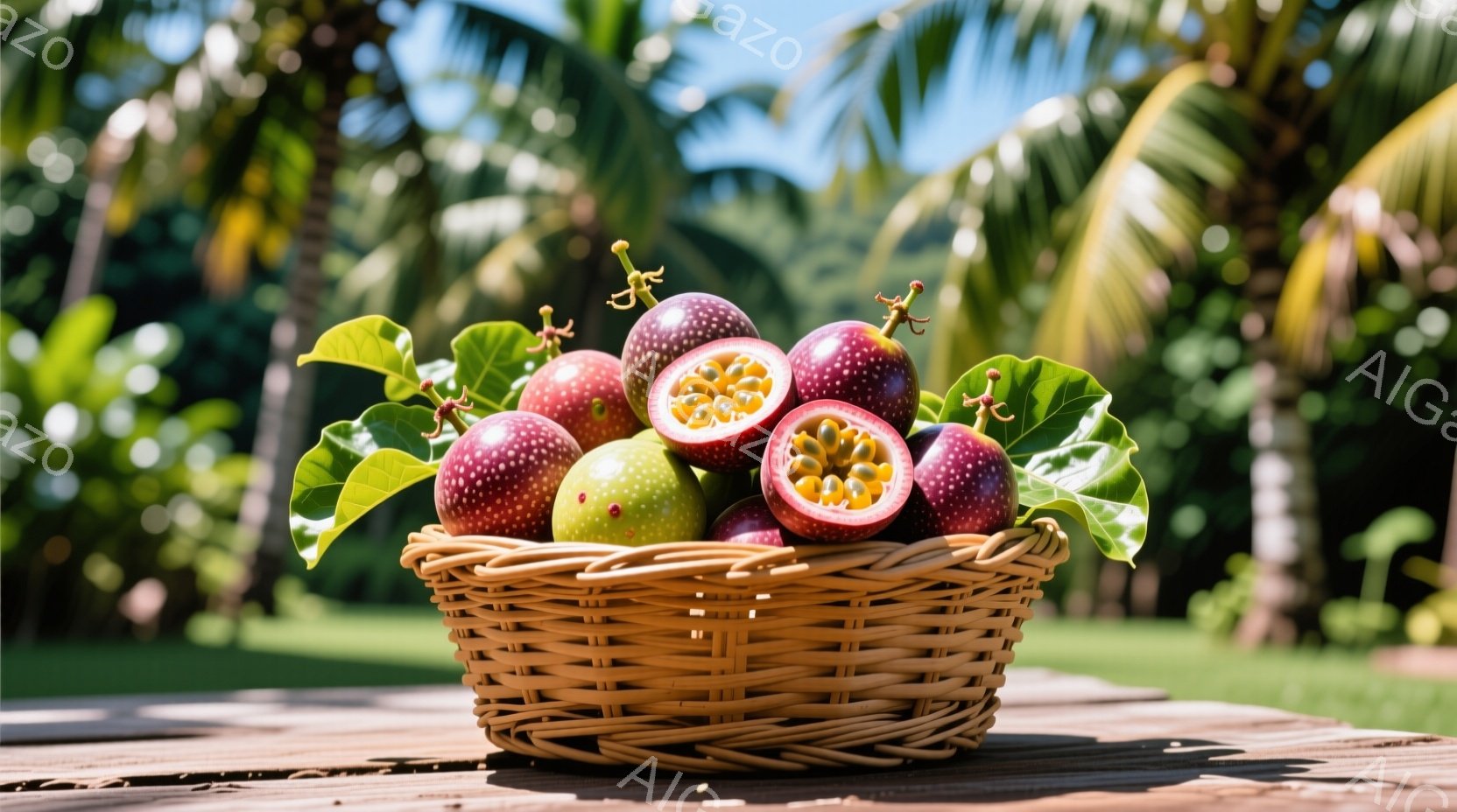 籐編みのバスケットの中に、紫色のパッションフルーツと黄色のパッションフルーツがたっぷり入っています。一部は半分にカットされており、種がはっきりと見えます。背景には緑豊かな植物とぼやけた木々が見え、明るく暖かい日差しが降り注いでおり、トロピカルで爽やかな雰囲気を醸し出しています。