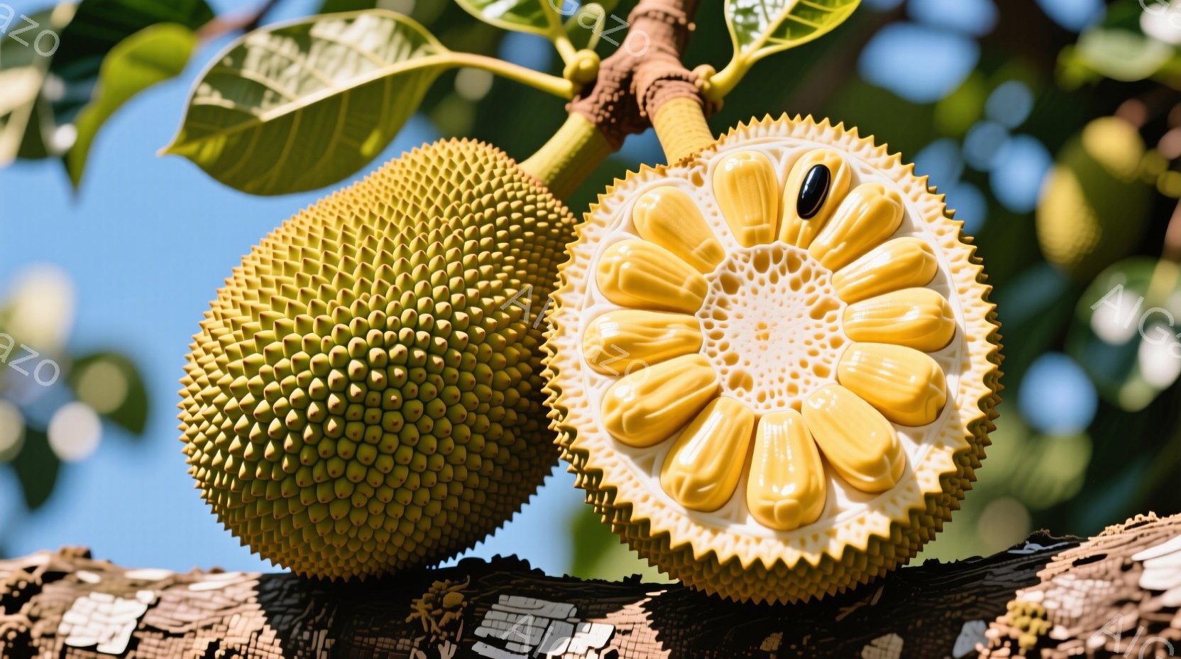 ドリアンが2つ写っています。一つは外皮がそのままの状態で、棘が密生しています。もう一つはカットされており、黄色い果肉が放射状に並んだ様子がよくわかります。