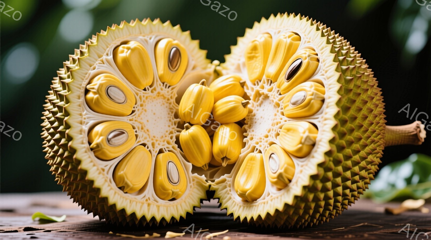 鮮やかな黄色の果肉を持つ、カットされたジャックフルーツが写っている。棘のような突起を持つ緑色の外皮と、木製のテーブルが背景に見える。全体的に、熱帯の雰囲気を感じさせる、鮮やかで食欲をそそるイメージであ - AI生成フリー素材