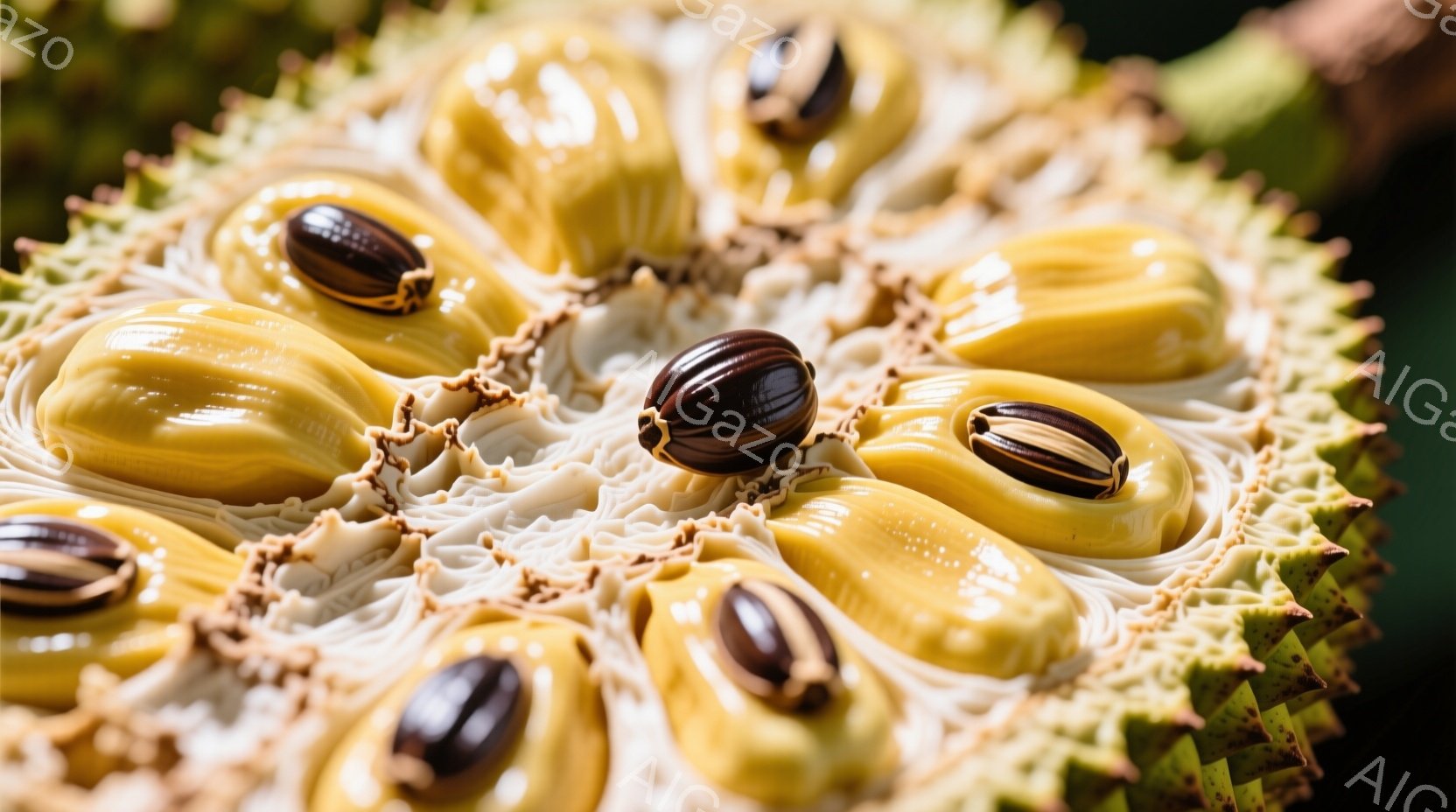 画像はドリアンの断面を示しており、クリーム色の果肉が放射状に並び、それぞれが黒い種子を含んでいます。ドリアンの棘状の外皮は緑色で、果肉とのコントラストが鮮やかです。全体的に濃厚で甘い香りが感じられるよ - AI生成フリー素材