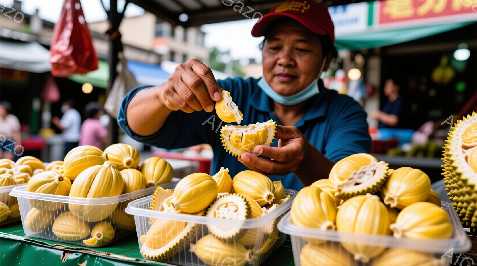 ドリアンの種を手に持った女性が写っている。彼女は青いシャツと赤い帽子を着用し、顔にはマスクをしている。背景には、ドリアンが並んだプラスチックのトレイが多数あり、市場の一角で果物を売っている様子が伺える。
