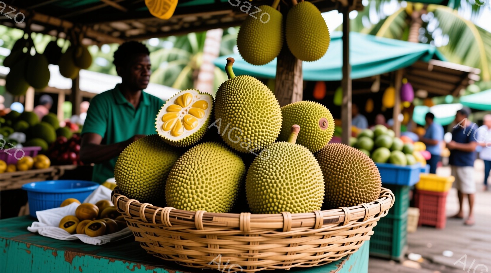 鮮やかな緑色の台の上に、いっぱいのドリアンが竹の籠に盛られています。背景には、鮮やかな青いプラスチック製の容器や、作業服を着た男性、そしてぼんやりと見える他の買い物客が見えます。全体的に、熱帯の市場の活気とドリアンの独特な存在感が伝わってくる、賑やかでカラフルな雰囲気です。