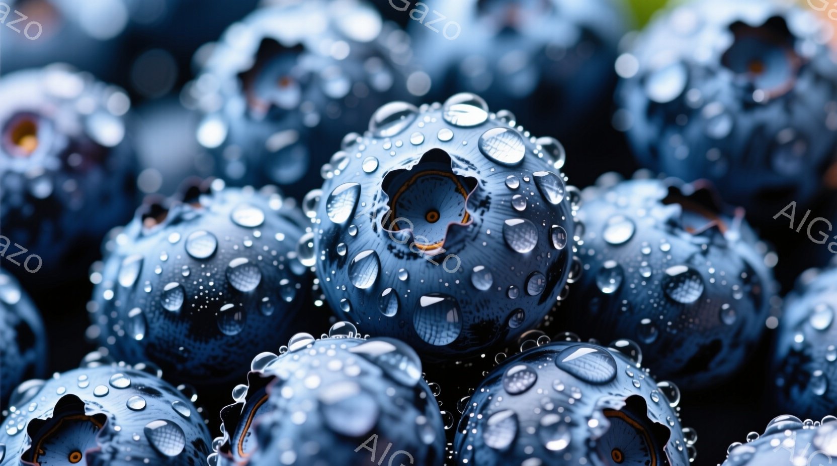 深い藍色の球体のような頭部を持つロボットが密集して写っており、表面には水滴が光っている。それぞれが丸い体に小さな目と口を持ち、どこか無表情でありながらも可愛らしい印象を与える。背景は同系色のロボットで埋め尽くされており、全体的に静かで幻想的な雰囲気を醸し出している。