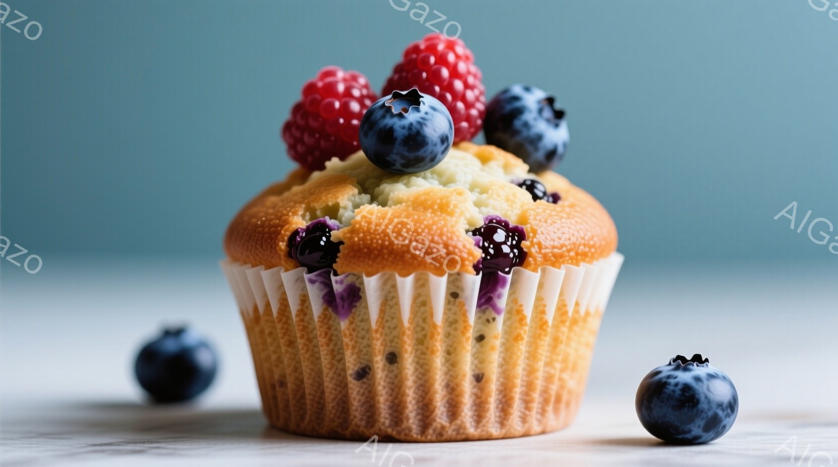 焼き立てのマフィンが、白い紙製のカップに入って写っています。ブルーベリーとラズベリーが飾られ、中からもブルーベリーが顔を出しています。背景は淡い水色で、マフィンの周りには数個のブルーベリーが転がっており、全体的に温かく、美味しそうな雰囲気を醸し出しています。