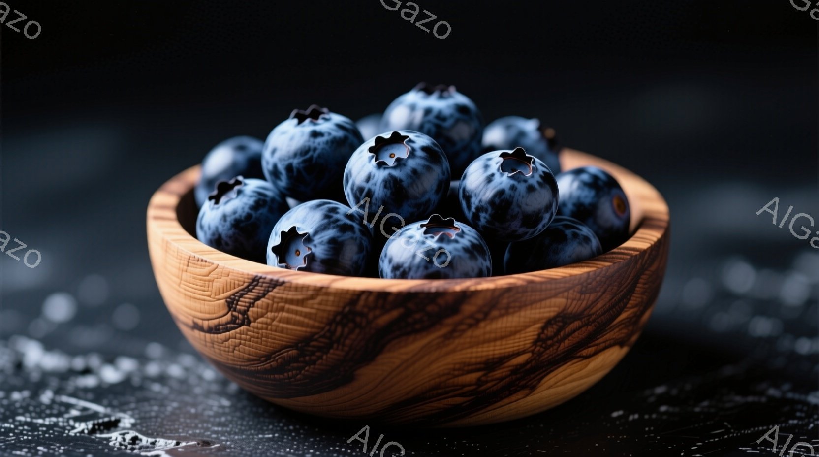 丸みを帯びた木製のボウルに、新鮮なブルーベリーがたっぷり詰まっています。背景は暗く、ボウルとブルーベリーが際立っており、全体的に落ち着いた雰囲気が漂っています。木製のボウルの美しい木目と、ブルーベリーの鮮やかな紫色とのコントラストが印象的です。