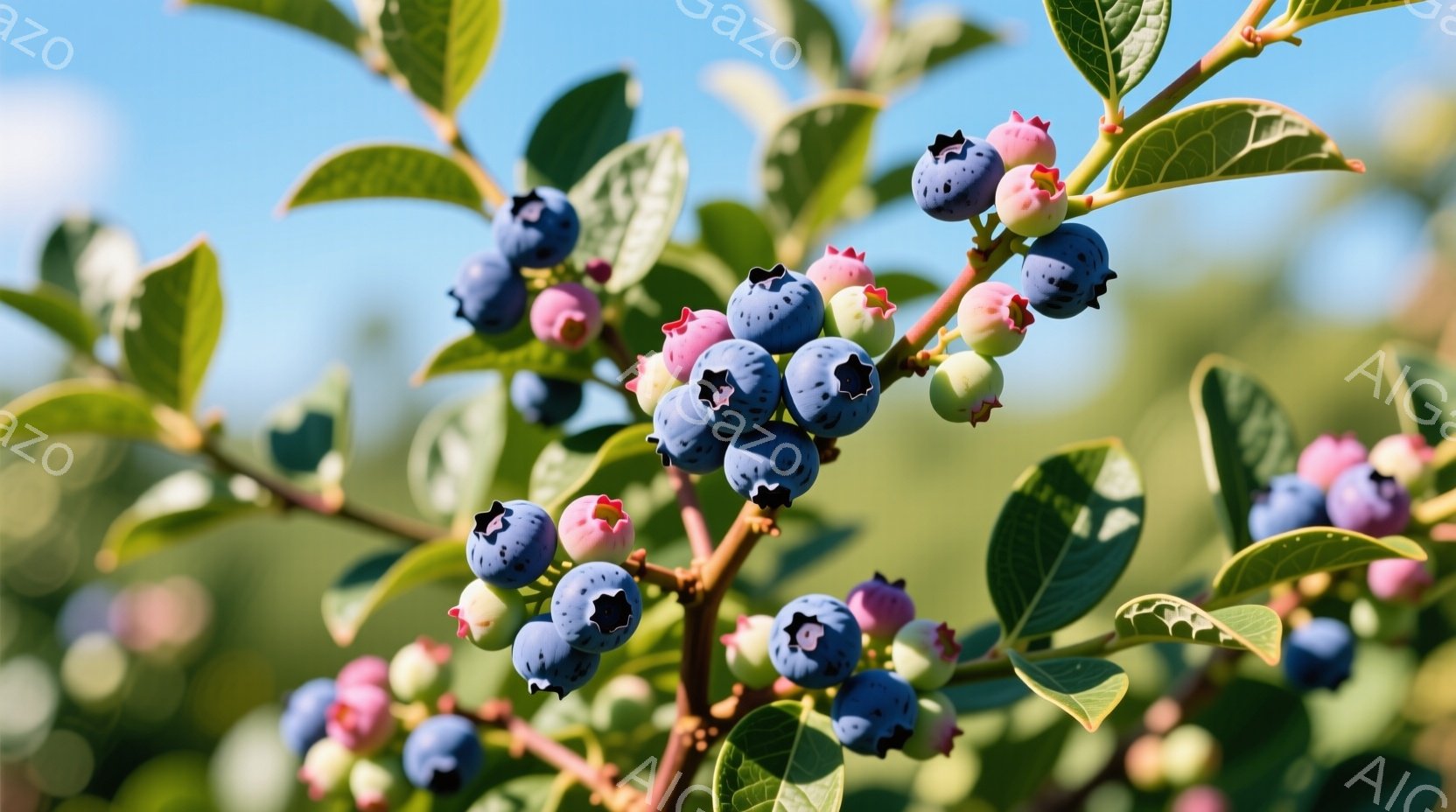 青いベリーが実った枝をクローズアップで捉えています。葉は鮮やかな緑色で、ベリーは濃い青色からピンク色、そして緑色の未熟な実まで、さまざまな段階で実っています。背景は空と他の植物がぼやけており、晴れた日 - AI生成フリー素材
