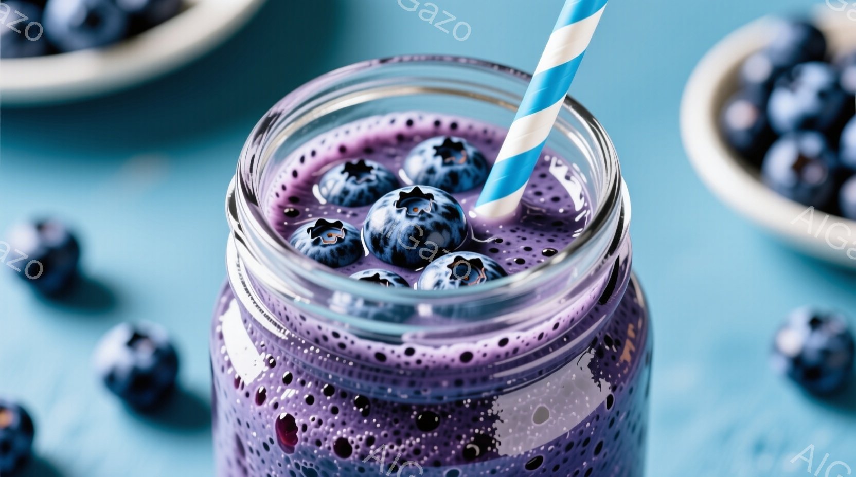 スムージーが入ったガラス瓶が画面の中心にあります。青いストライプのストローが挿さっており、スムージーの上には数個の新鮮なブルーベリーが飾られています。背景は淡い青色で、他のブルーベリーが散りばめられており、全体的に爽やかで健康的な雰囲気を醸し出しています。