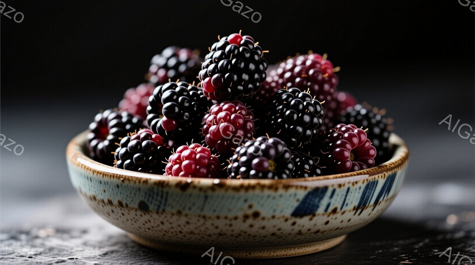 浅いボウルに熟したブラックベリーがたっぷり詰まっています。ボウルは外側が茶色とベージュのまだら模様、内側は青みがかった色をしており、素朴な質感が特徴です。背景は暗いグレーで、果物とボウルが際立っています。