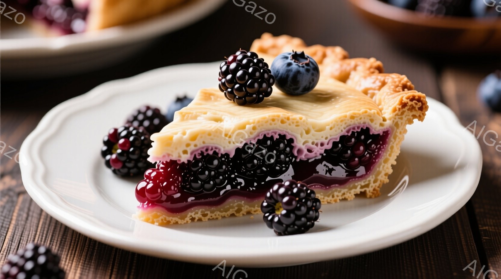 切られたパイが白い皿の上に載っており、濃厚な紫色のベリーフィリングと黄金色のサクサクしたクラストが特徴的です。パイの上には、新鮮なブラックベリーとブルーベリーが数個飾られています。背景には木製のテーブルが写り、全体的に美味しさを引き立てる暖かく食欲をそそる雰囲気が漂っています。