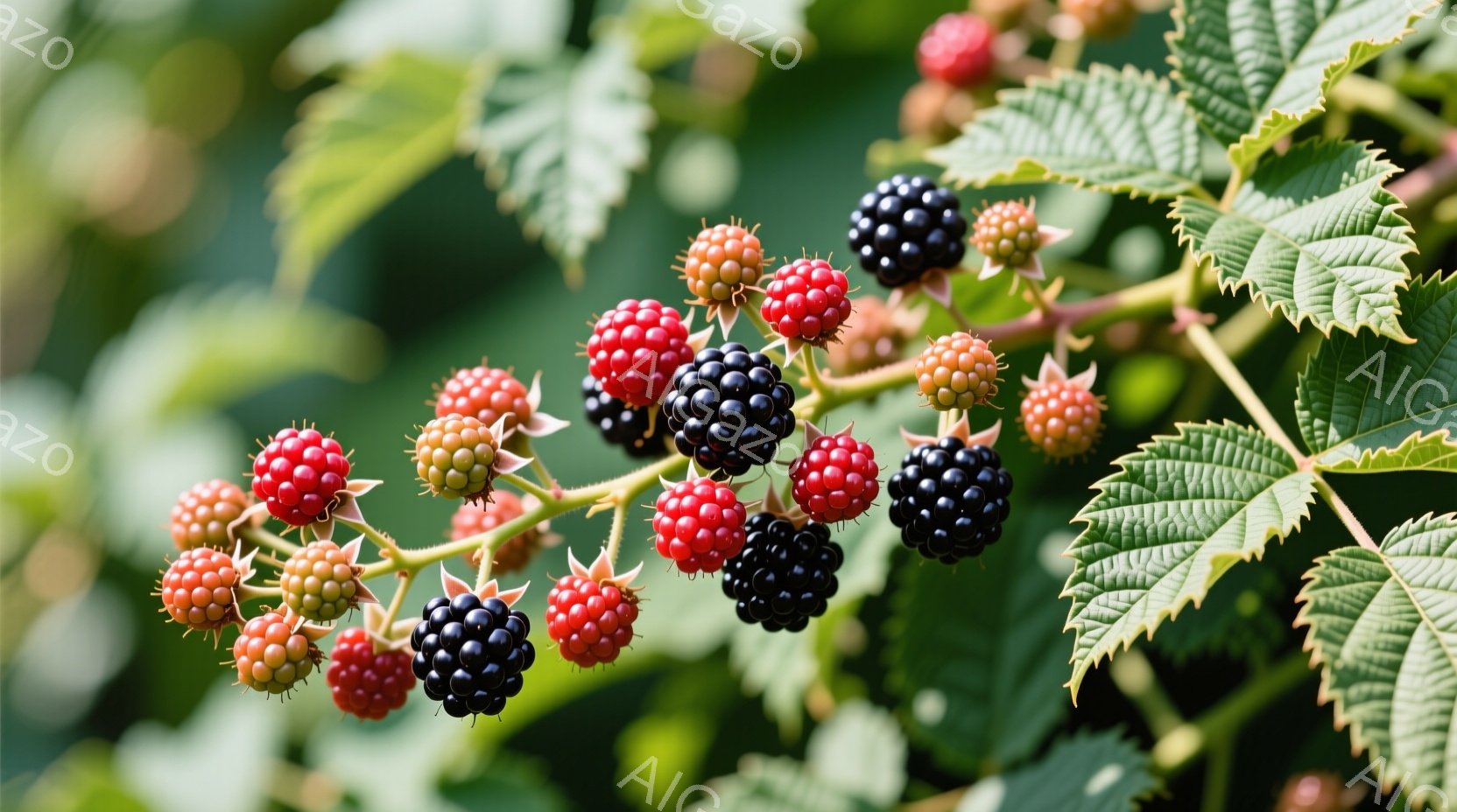 棘のある枝に、赤から黒へと変化する様々な熟度のブラックベリーが密集して実っている様子が捉えられています。葉は緑豊かで、光沢があり、背景はぼやけた緑色で、自然な環境を示唆しています。全体として、生命力に満ちた、夏の収穫の雰囲気を醸し出しています。