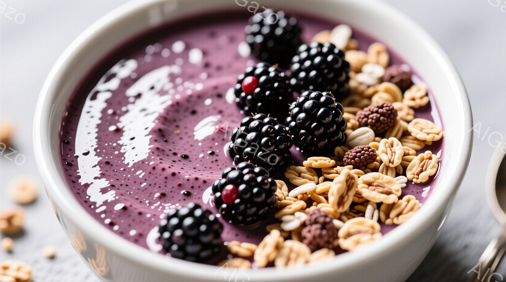 白いボウルの中に、深紫色で滑らかなスムージーが盛られています。黒いブラックベリーと、様々な穀物や種子がトッピングされており、健康的で栄養価の高い朝食やデザートを連想させます。スムージーの表面には白いクリームの模様があり、食欲をそそる見た目になっています。
