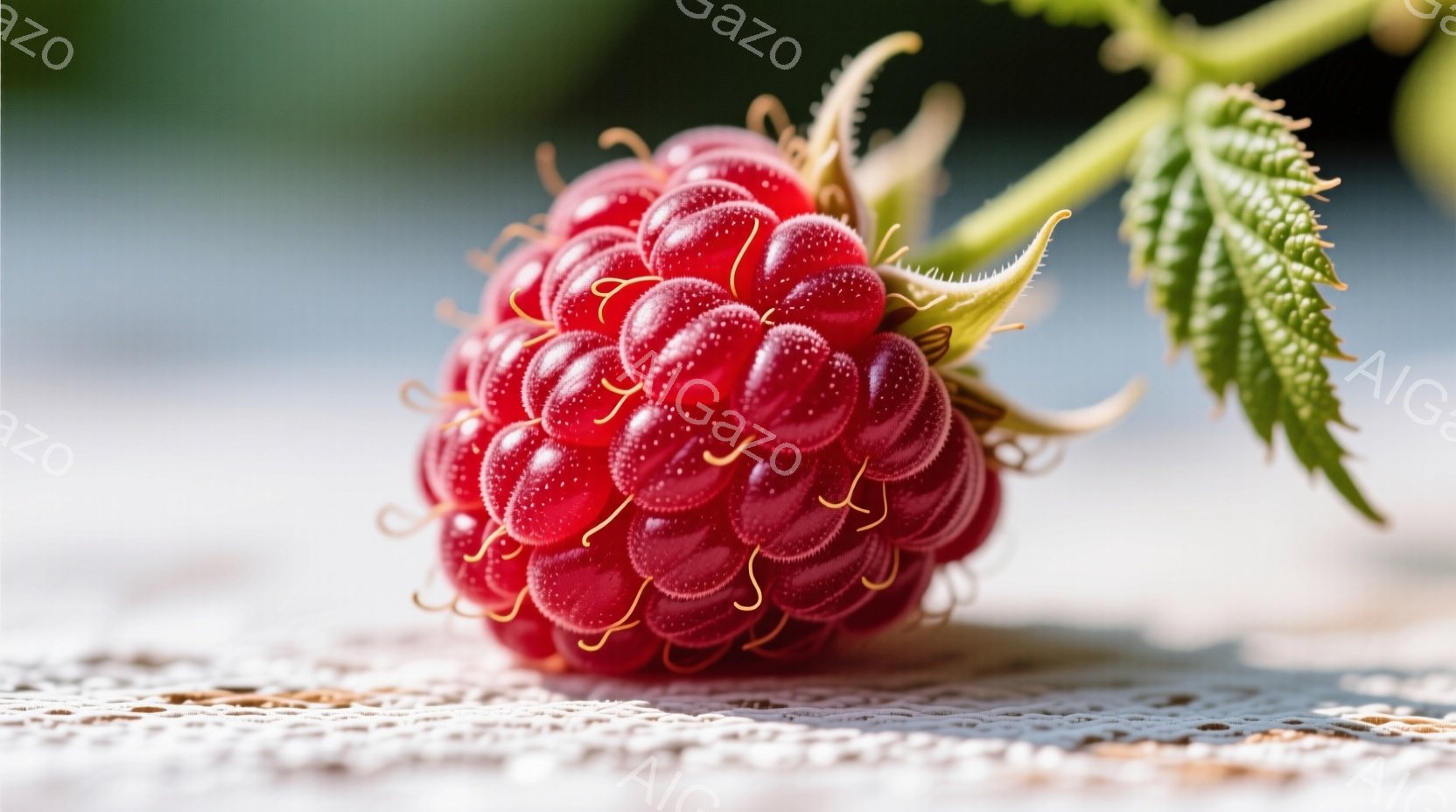 鮮やかな赤いラズベリーが、繊細なレース編みの布の上に置かれています。ラズベリーは丸みを帯びた形状で、表面には小さな突起がびっしりと並び、熟した甘さを感じさせます。背景はぼやけていますが、緑の葉と柔らか - AI生成フリー素材