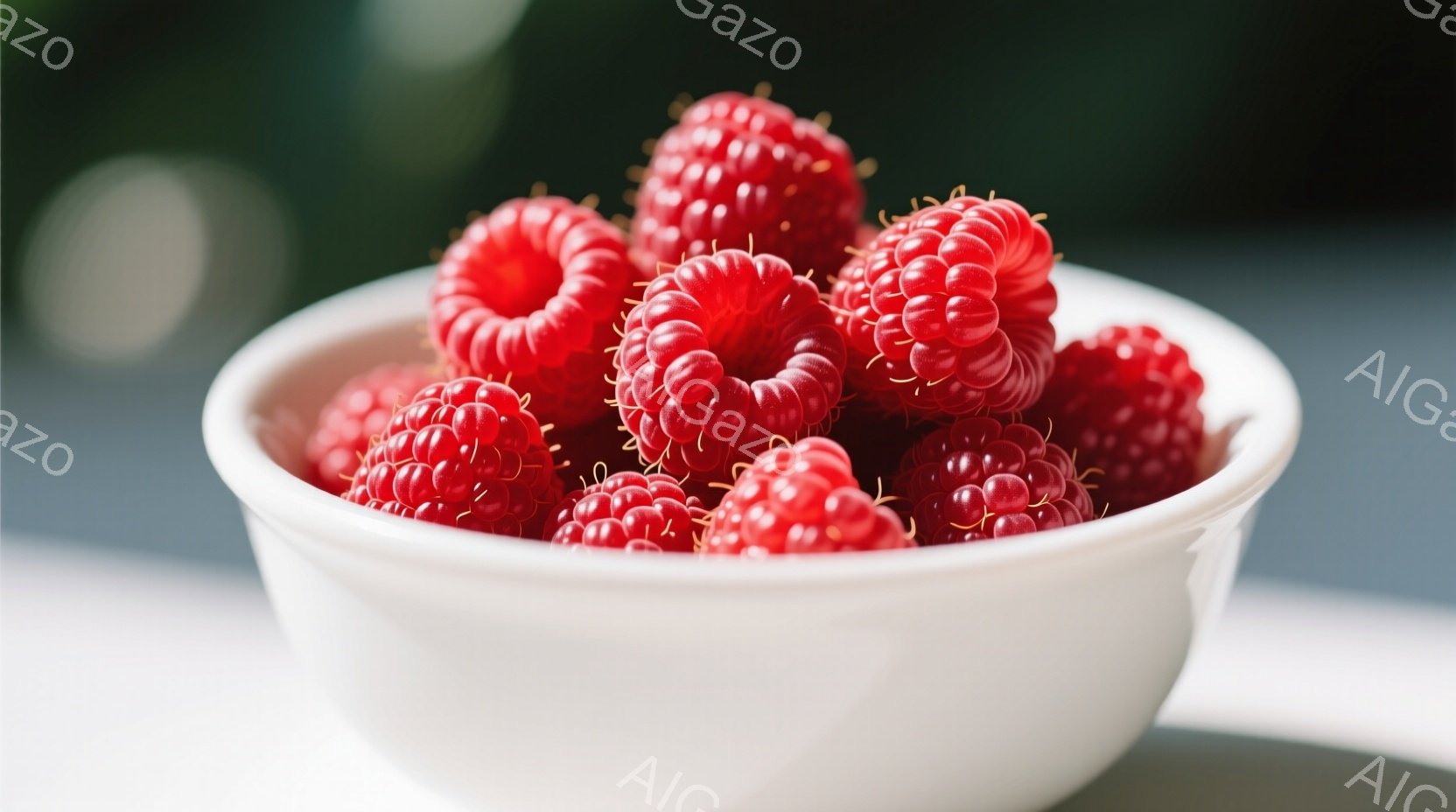 白いボウルに、赤く熟したラズベリーがたっぷり入っている。背景はぼやけており、白と青色のグラデーションが見えるが、具体的な場所や状況は不明である。全体的に明るく、新鮮な果物の美味しさを引き立てる雰囲気である。
