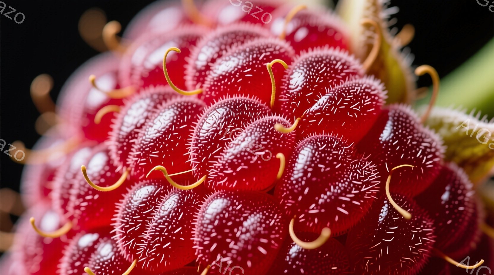 鮮やかな赤色のドリアンが画面いっぱいに広がっており、その棘々しい表面が強調されている。黄色い花びらのようなものがドリアンの周囲を取り囲み、強いコントラストを生み出している。背景は暗く、ドリアンの独特なテクスチャと鮮やかな色が際立っている。