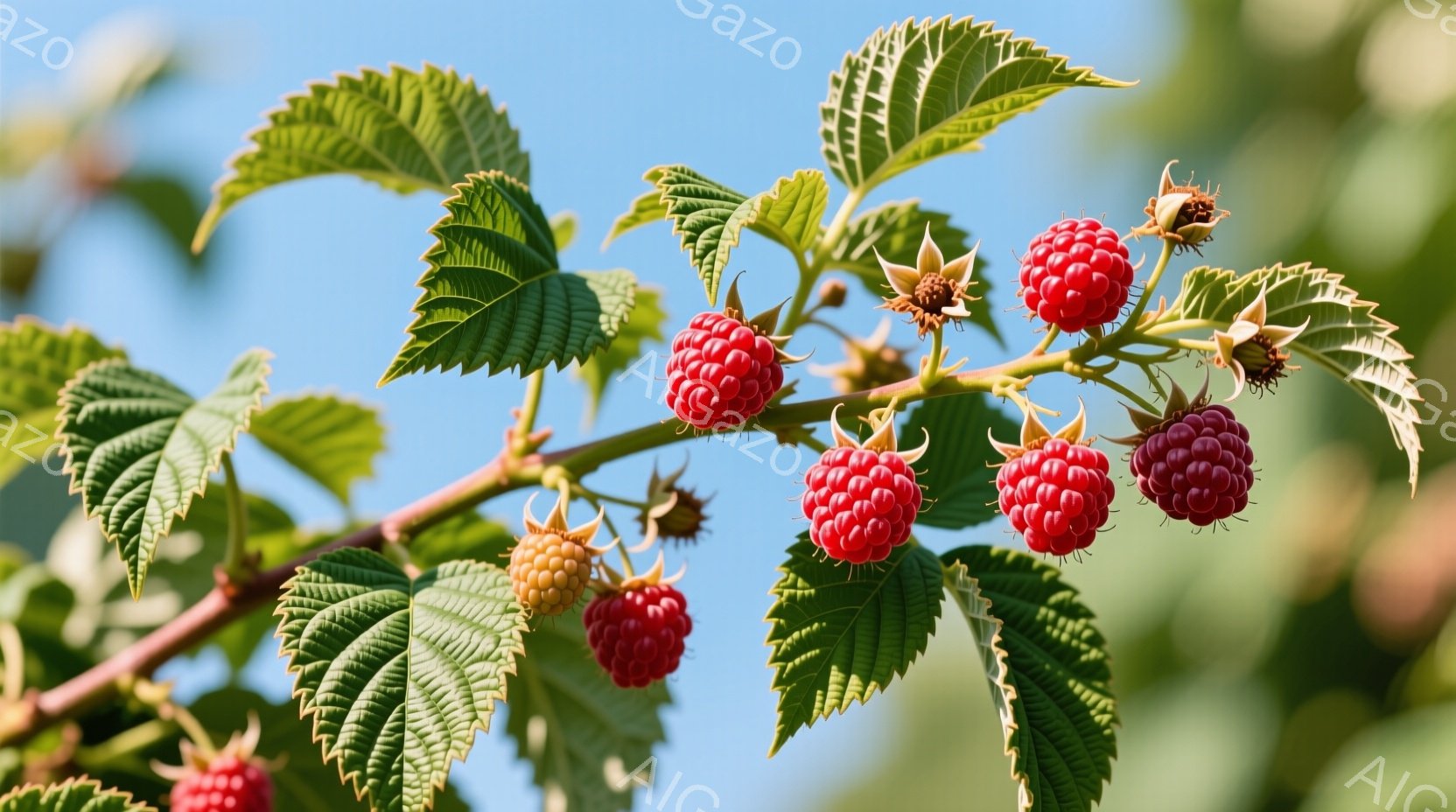 鮮やかな赤いラズベリーが、緑の葉に囲まれて枝に実っています。一部はまだ緑色の未熟な実で、様々な段階の成長が見られます。背景は明るい青空で、自然豊かな風景を連想させます。 - AI生成フリー素材