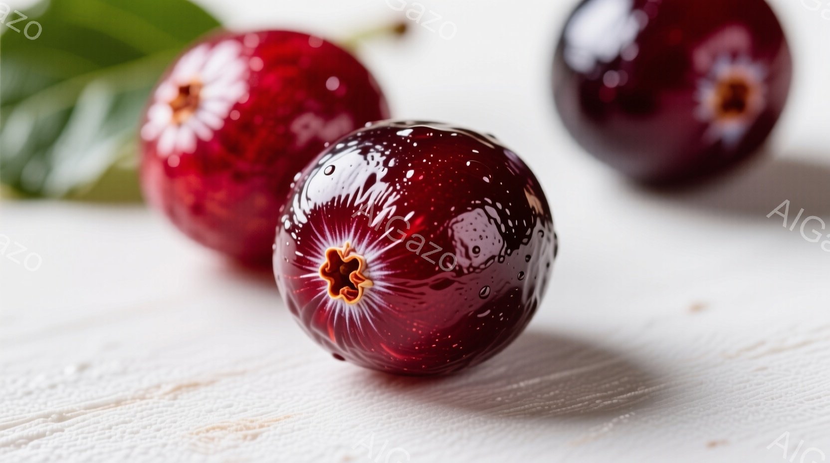 鮮やかな赤色のスモモが３つ、白い木製の板の上に置かれています。表面には水滴が付き、瑞々しさを強調しています。背景はぼやけており、スモモが主役になっている、食欲をそそる静物画のような印象です。