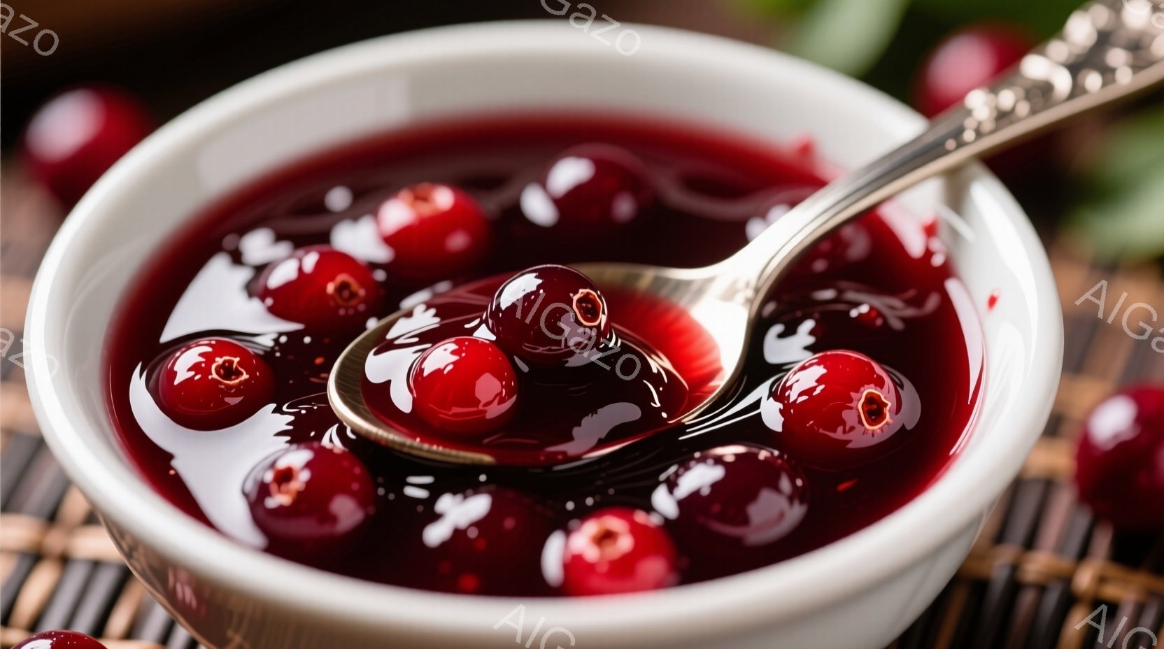 白い器に濃い赤色のジャムのようなものが盛られており、銀色のスプーンで掬い上げられています。ジャムの中には丸い赤い果実がいくつか見え、光沢があり美味しそうです。背景は籐で編まれた敷物が敷かれており、全体的に暖かく、食欲をそそる雰囲気です。