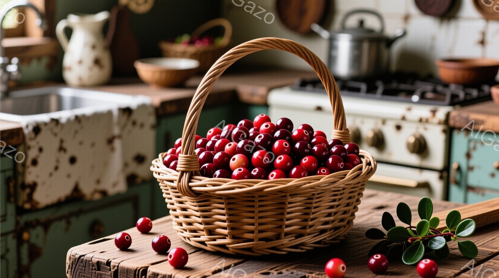 籠いっぱいの鮮やかな赤いクランベリーが、古びた木製のテーブルの上に置かれている。背景には、レトロな緑色のキッチンと、ステンレス製の調理器具が見え、温かみのある家庭的な雰囲気が漂っている。クランベリーの - AI生成フリー素材