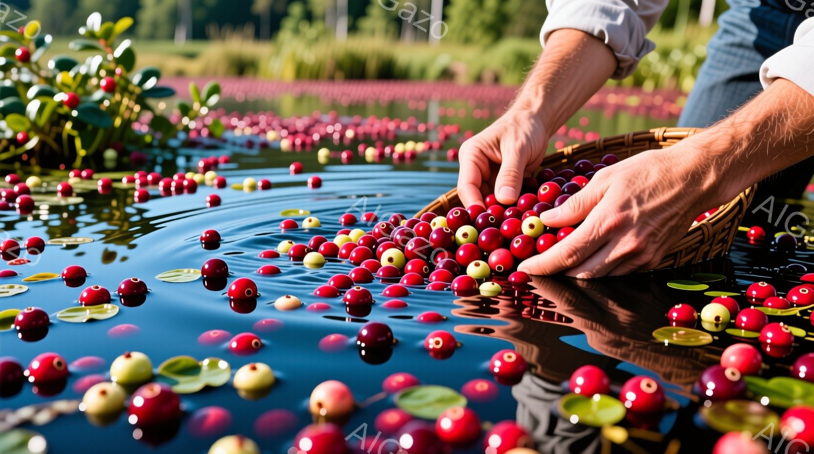 鮮やかな赤いクランベリーが水面に浮かび、その中を男性の手が掬っている様子が写っている。男性は薄いブルーのシャツを着ており、水面には無数の赤い実が浮かび、光を反射してキラキラと輝いている。背景には緑豊かな植物が見え、晴れた日の穏やかな収穫の光景が広がっている。