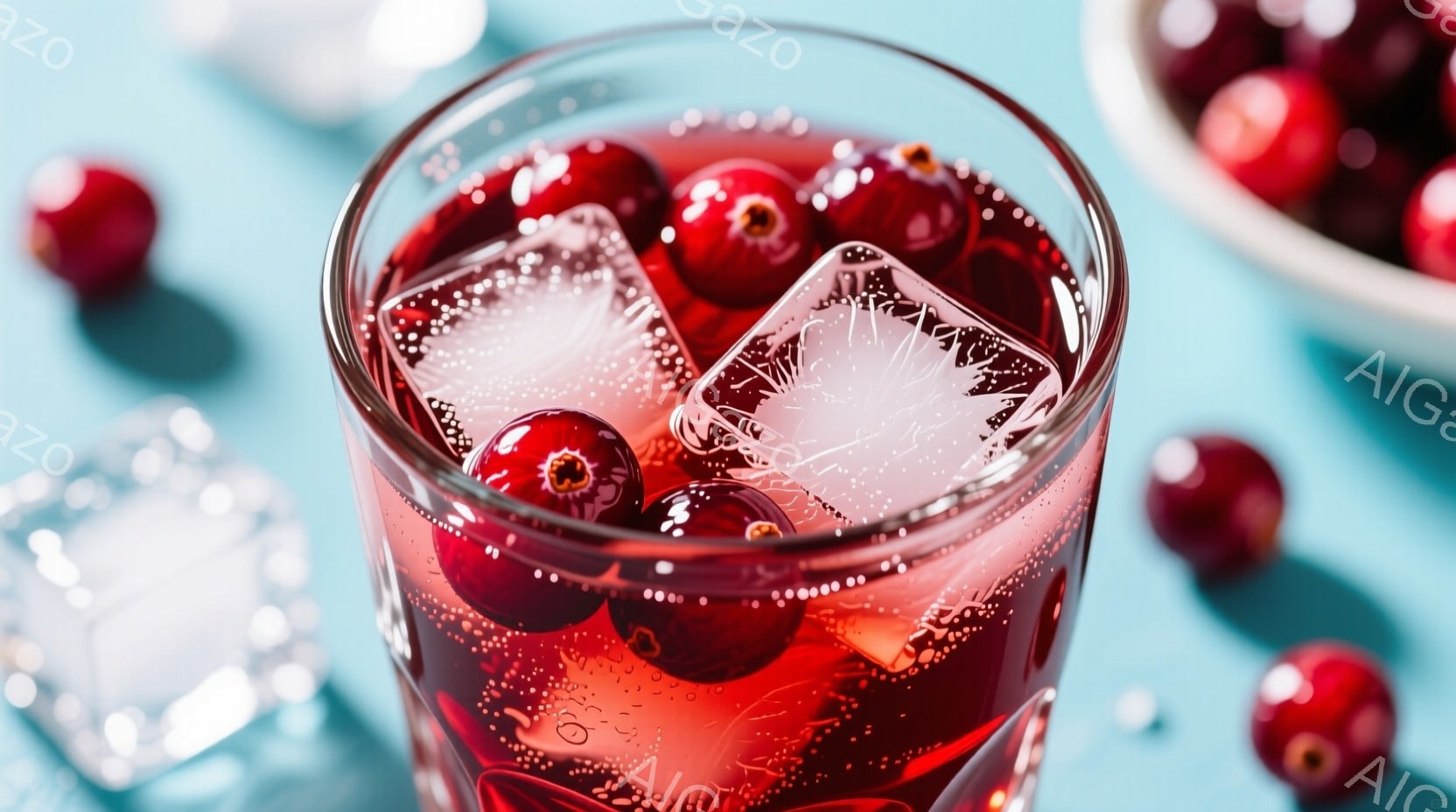 鮮やかな赤いクランベリージュースが、氷入りのグラスに満たされています。グラスの周りには、さらにいくつかのクランベリーが散らばっており、背景は明るい水色で、爽やかな印象を与えます。氷の透明感とクランベリーの深い赤色が組み合わさり、視覚的に魅力的な光景を作り出しています。