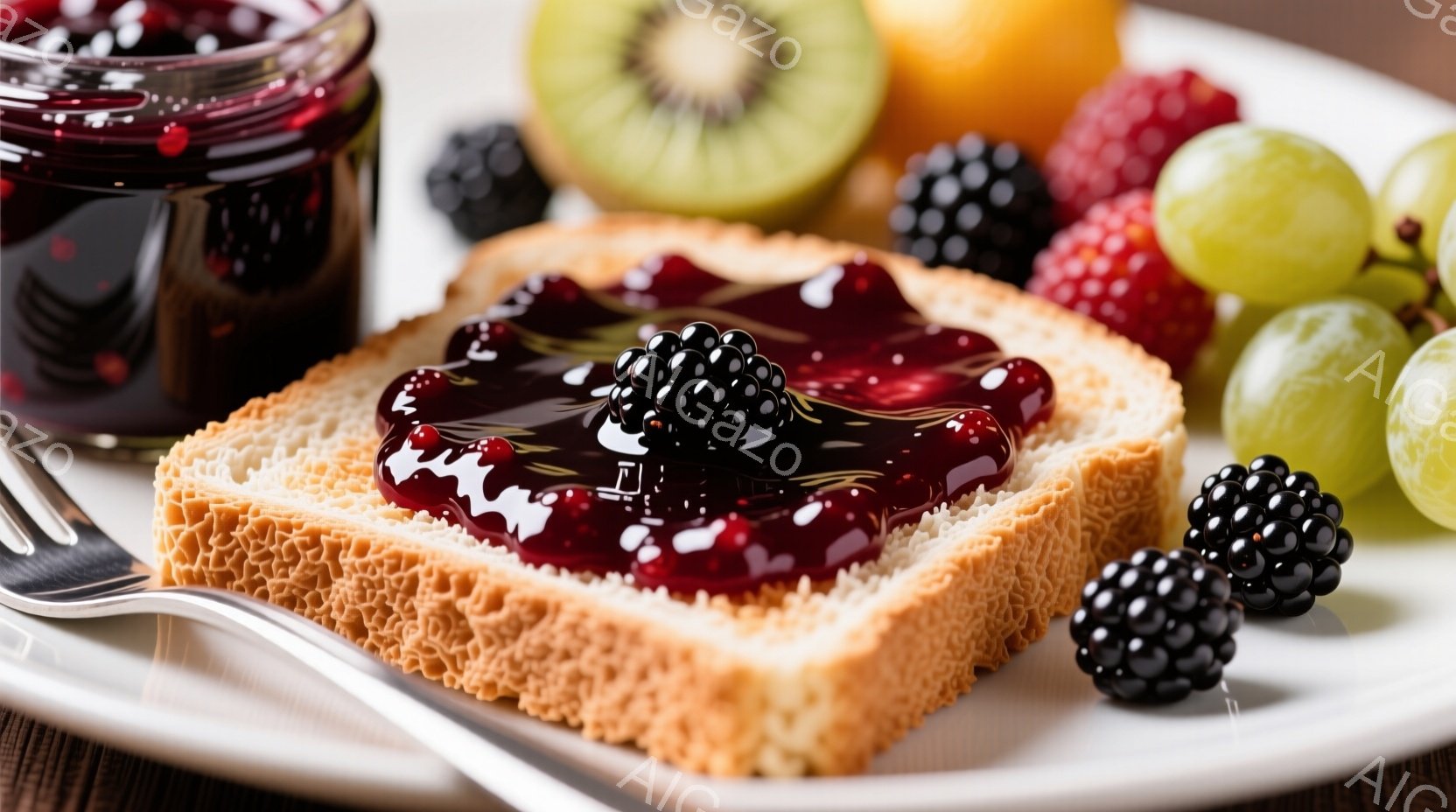 焼きたてのトーストに、深紅色のジャムがたっぷり塗られ、その上に黒く光沢のあるブラックベリーが数粒飾られています。背景には、キウイ、ラズベリー、緑色のぶどうが散りばめられ、白い皿の上に明るく並べられています。全体的に、甘くて美味しい朝食や軽食の、鮮やかで魅力的なイメージです。