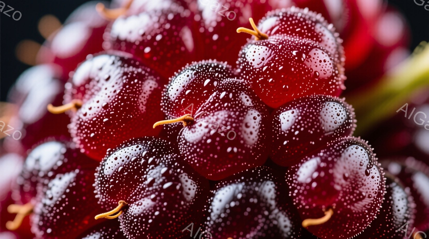 鮮やかな深紅色をしたぶどうの房が、水滴で覆われ、みずみずしさを強調している。一つ一つの粒は丸みを帯びており、表面には光沢があり、まるで宝石のようである。背景は暗く、ぶどうの鮮やかな色が際立っており、全体的に涼しげで食欲をそそる雰囲気である。