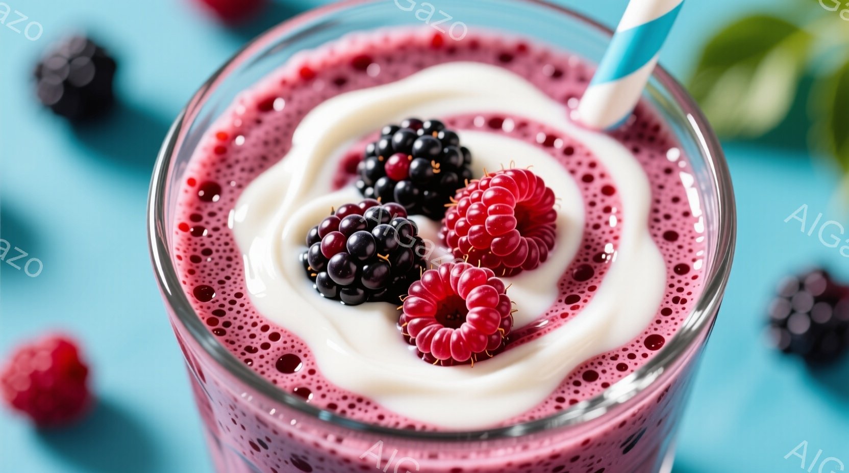 ガラスのグラスに、鮮やかなピンク色のスムージーが入っており、その上に白いクリームが渦巻き状にトッピングされています。数個のラズベリーとブラックベリーがクリームの上に飾られており、鮮やかな色彩が目を引きます。背景は水色の背景で、周囲に果実が散りばめられており、爽やかで食欲をそそる雰囲気です。