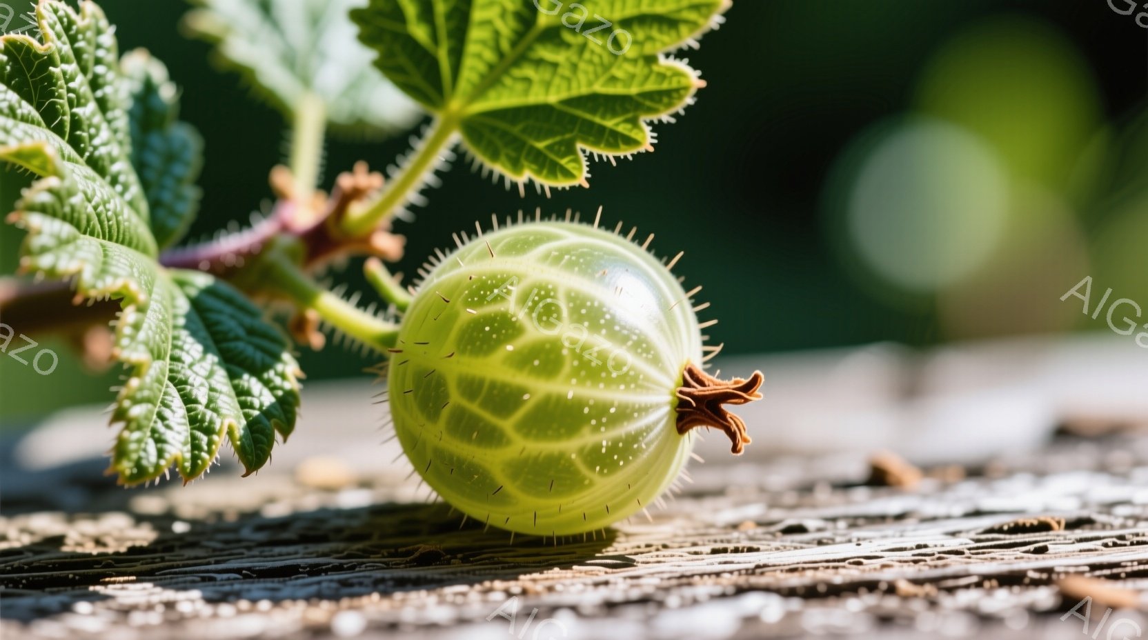 鮮やかな緑色のイボイノチク（ガラガラの実）が、粗い木製の板の上に置かれているクローズアップ写真です。イボイノチクは棘のような突起で覆われ、その内部は半透明で種が見える。背景は緑の葉とぼやけた木製のテク - AI生成フリー素材