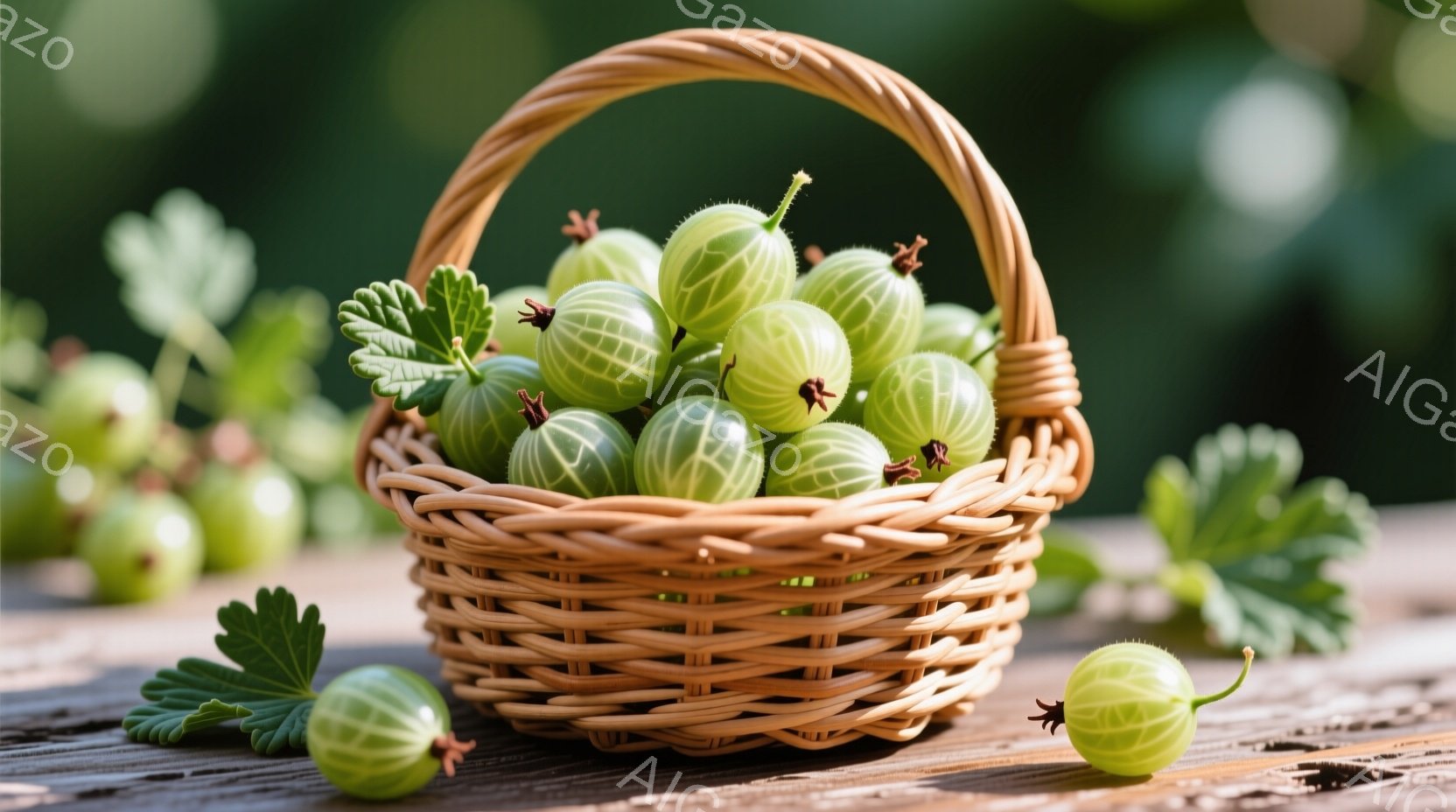 籐編みのバスケットに、緑色のスグリがぎっしりと詰まっています。周りにはスグリの葉が散らばり、木製のテーブルの上に置かれています。背景はぼやけた緑で、自然な雰囲気の中で収穫されたばかりのフレッシュな果実を表現しています。