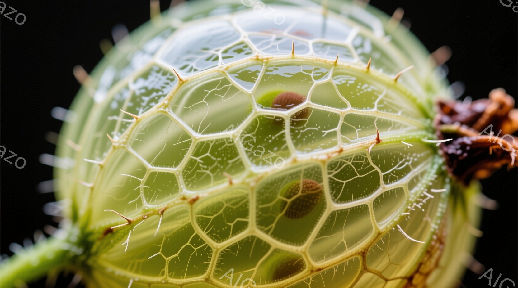 鮮やかな緑色の植物の球根が、黒い背景にクローズアップで捉えられています。球根の表面には網目状の模様が走り、内部には小さな茶色の種子が見えます。鋭い棘が全体を覆っており、生命力と同時に危険な印象を与えます。