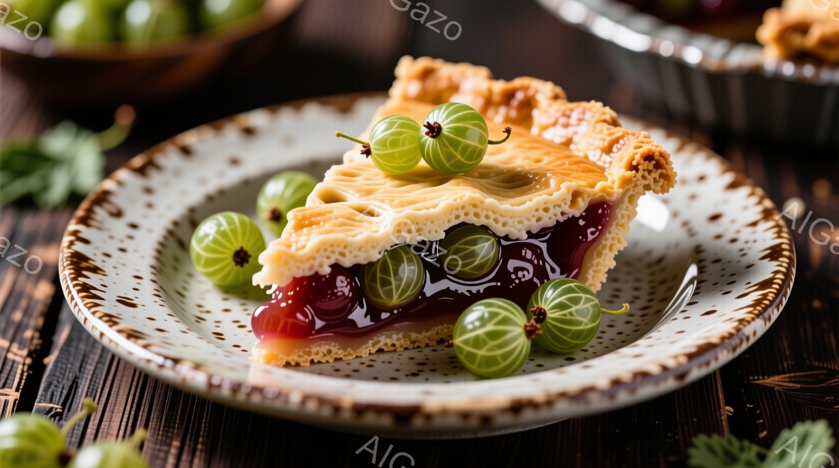 鮮やかな赤色のカシスジャムがぎっしりと詰まった、焼き立てのパイの一切れが、素朴な模様の皿に盛り付けられています。周りには、緑色のスグリが添えられ、パイ生地の黄金色とジャムの深紅、スグリの鮮やかな緑色が美しいコントラストを生み出しています。背景は木製のテーブルで、温かく家庭的な雰囲気を醸し出しています。