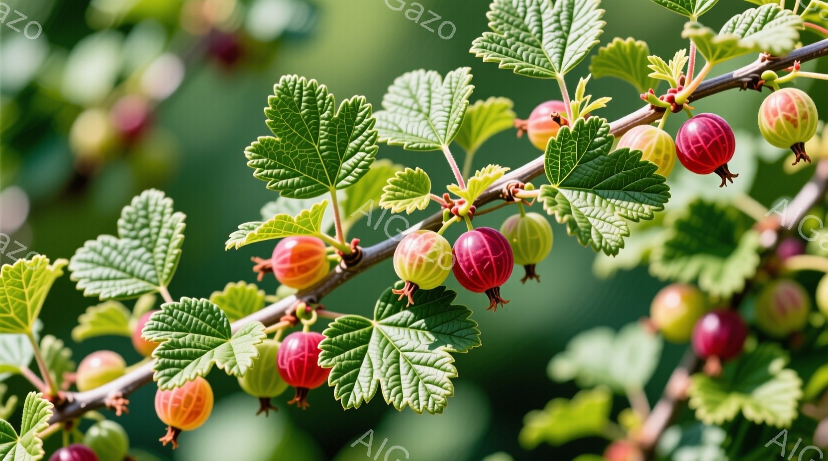 赤いスグリの実が枝にぶら下がっているクローズアップ写真です。鮮やかな緑色の葉が実の周りを囲み、光に照らされて生き生きとしています。背景はぼやけた緑色で、自然豊かな環境でスグリが育っている様子が伝わってきます。