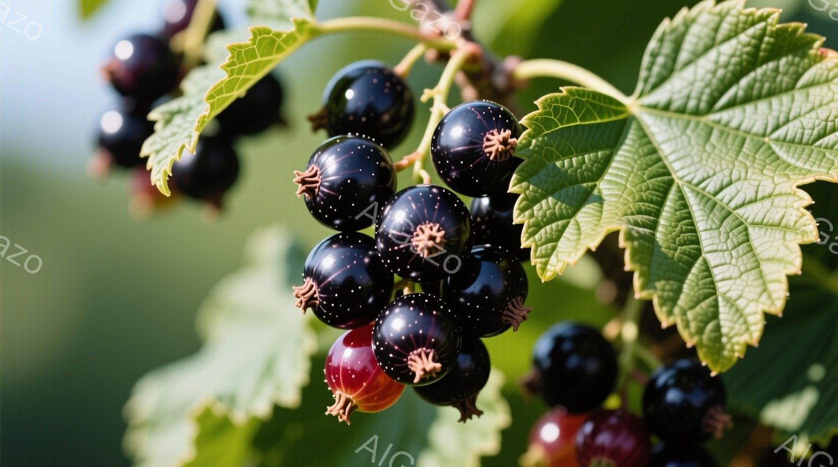 鮮やかな緑の葉に、黒く熟したカシスが密集してぶら下がっている。実にはわずかな光沢があり、赤い実もいくつか混ざっている。背景は緑色のぼかしで、自然豊かな環境でカシスが育っている様子がうかがえる。 - AI生成フリー素材