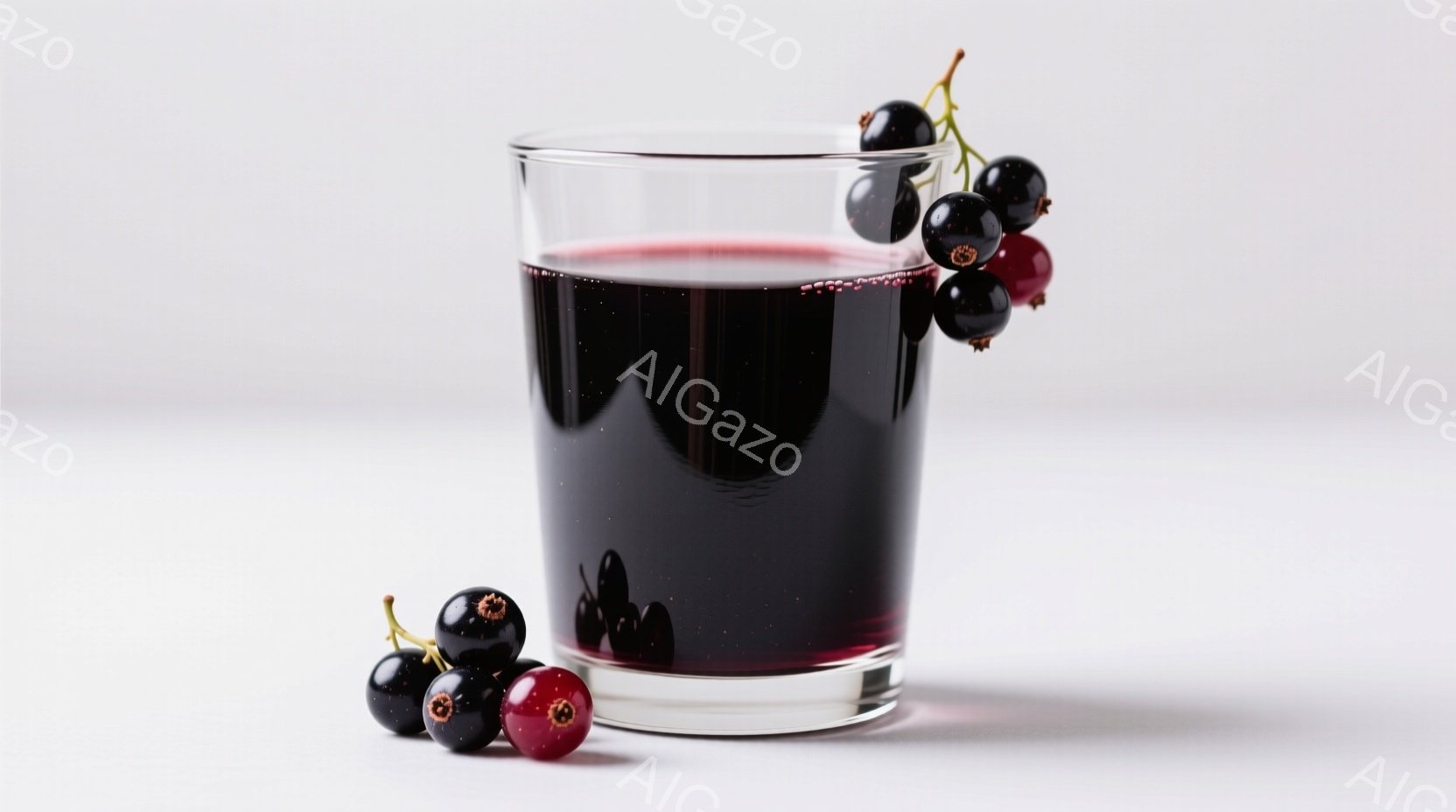 透明なグラスに濃い赤紫色の液体が入っており、数粒の濃い赤色と黒色のベリーがグラスの縁とグラスの下に散らばっています。背景は白く、全体的に落ち着いた雰囲気で、果実の豊かな色合いが際立っています。液体は光を反射し、ベリーの質感はつややかで、美味しさを感じさせます。