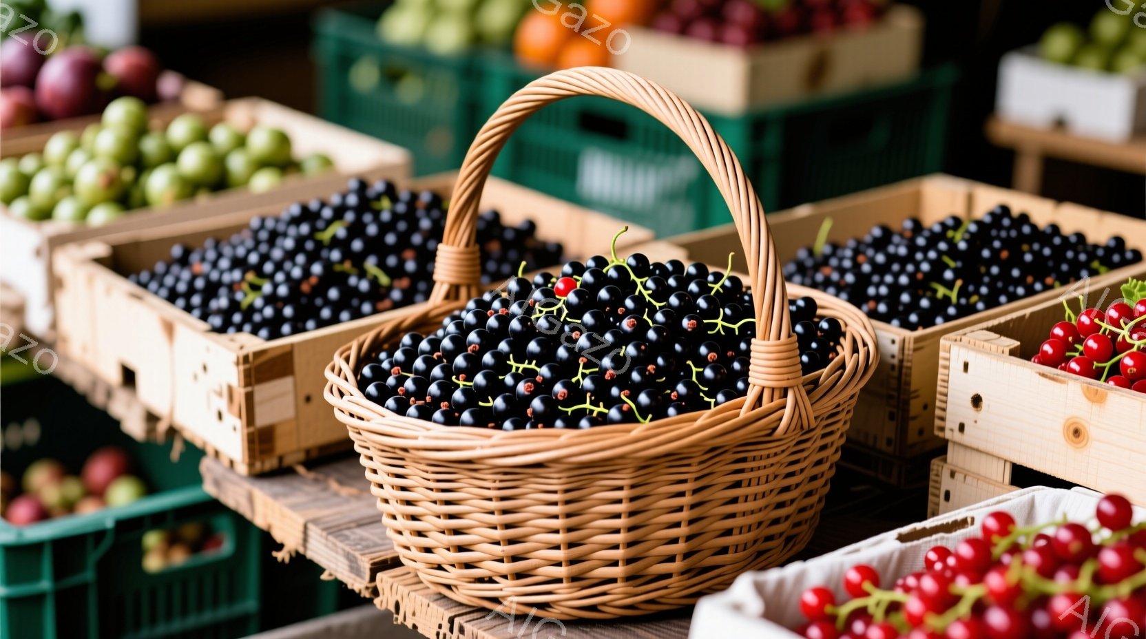 籠にたっぷりと黒いベリーが詰まっており、その周りには木製の箱に入った様々な色のベリーが並んでいます。背景は市場のような雰囲気で、多くの種類の果物が積み重ねられています。全体的に豊かで新鮮な印象を与える、収穫の恵みを感じさせる画像です。
