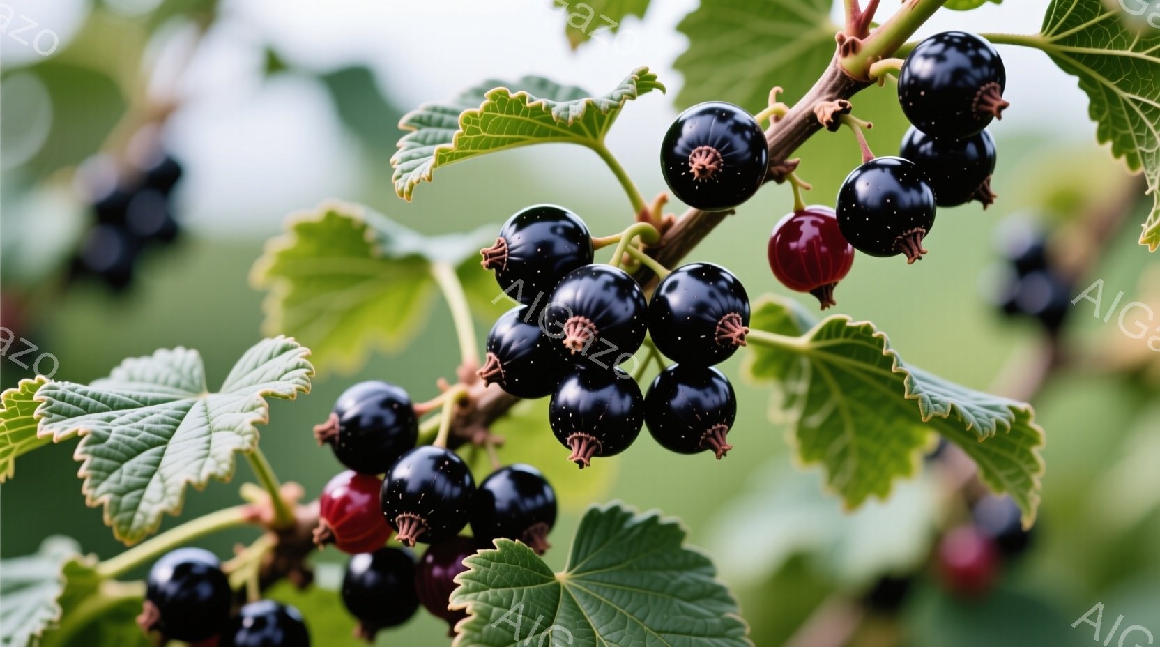 鮮やかな緑色の葉と、黒や赤色の実が枝に密集しているクローズアップ写真です。実の表面は光沢があり、葉脈がはっきりと確認できます。背景はぼやけており、自然光が差し込むことで、実のコントラストが際立っていま - AI生成フリー素材
