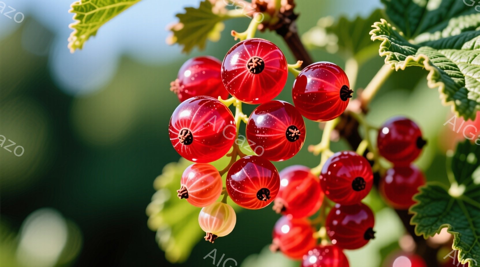 赤い実が密集した房が、緑色の葉に囲まれて鮮やかに映えています。実たちは丸く、半透明で、内部の種がわずかに見えます。背景はぼやけた緑色で、自然光が柔らかく差し込み、全体的に瑞々しい雰囲気が漂っています。 - AI生成フリー素材