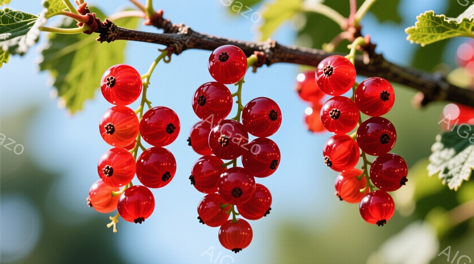 赤いスグリの実が、緑色の葉に囲まれて枝に密集してぶら下がっている。背景は空が青く、穏やかな晴天の日であることがわかる。鮮やかな赤色が目に留まり、自然の恵みが感じられる静かで美しい光景である。