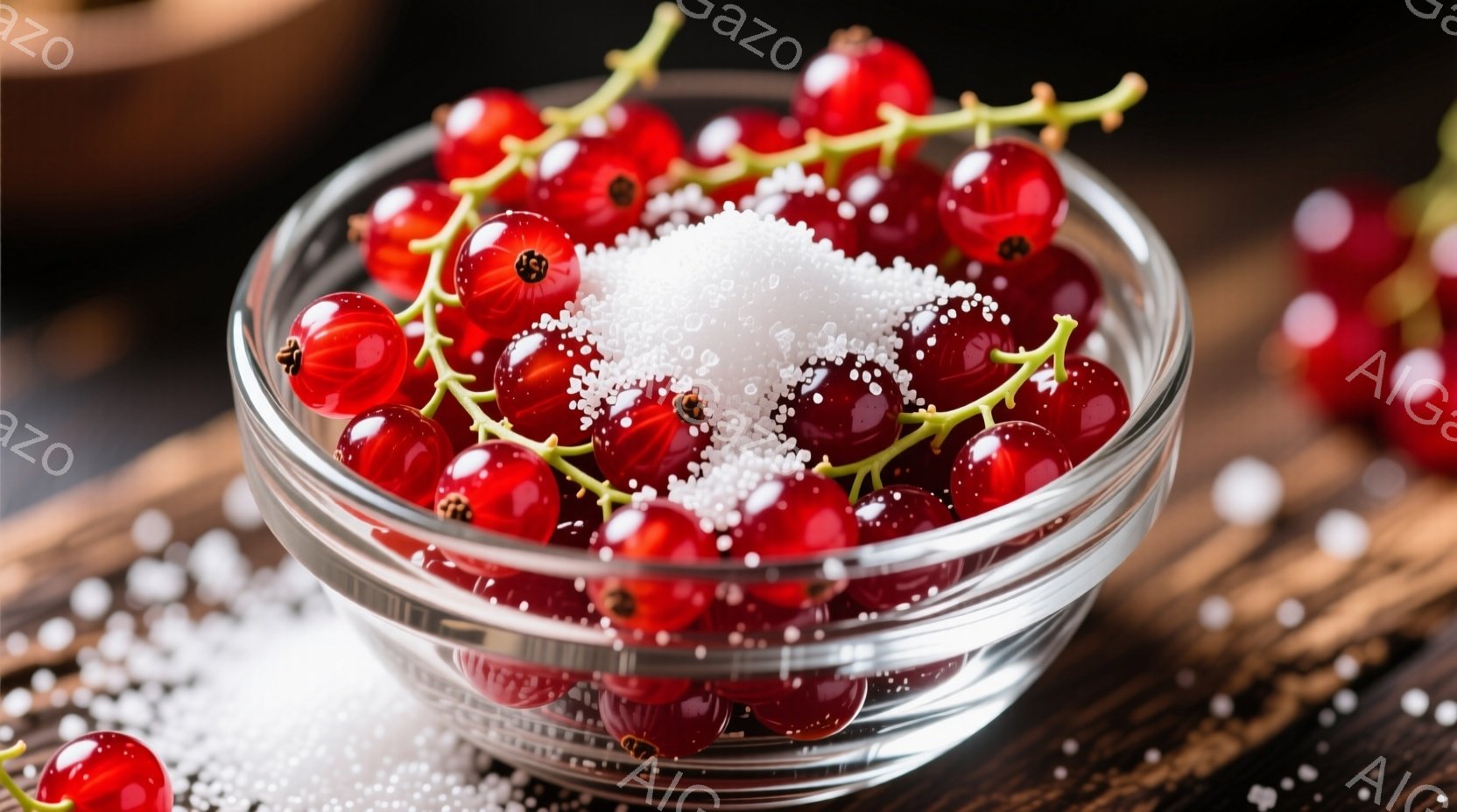 赤いスグリがガラスのボウルにたっぷりと盛られ、その上に白い砂糖が降り積もっている様子が写っている。背景は木製のテーブルで、少し暗い照明がスグリの鮮やかな赤色を引き立てている。全体的に、甘くて爽やかな夏の日のデザートのような雰囲気を醸し出している。