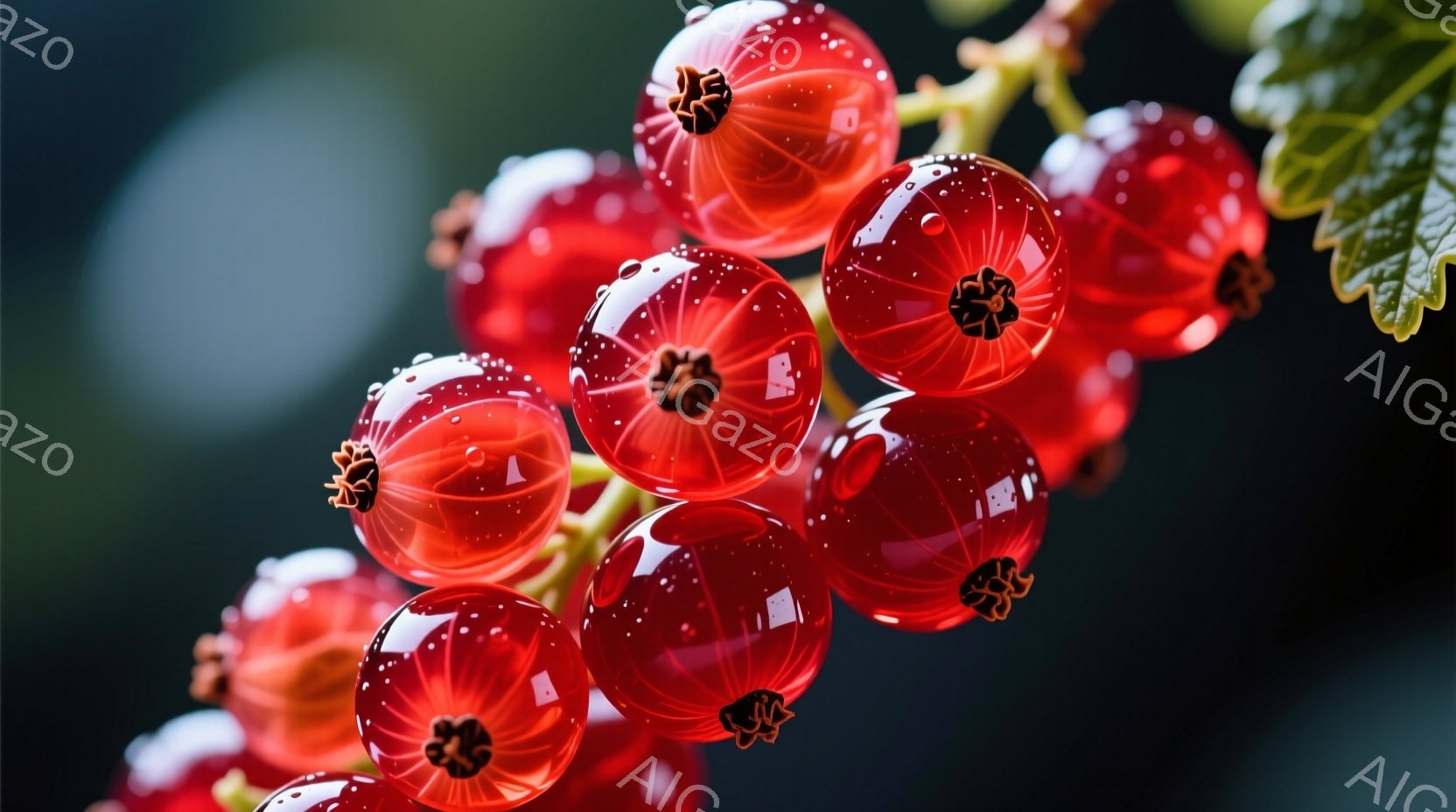 鮮やかな赤い実が密集して写っており、まるで宝石のように輝いている。葉の緑とのコントラストが美しく、水滴が実の表面に光を反射して、瑞々しさを強調している。背景は暗くぼやけており、実が際立って見える。 - AI生成フリー素材