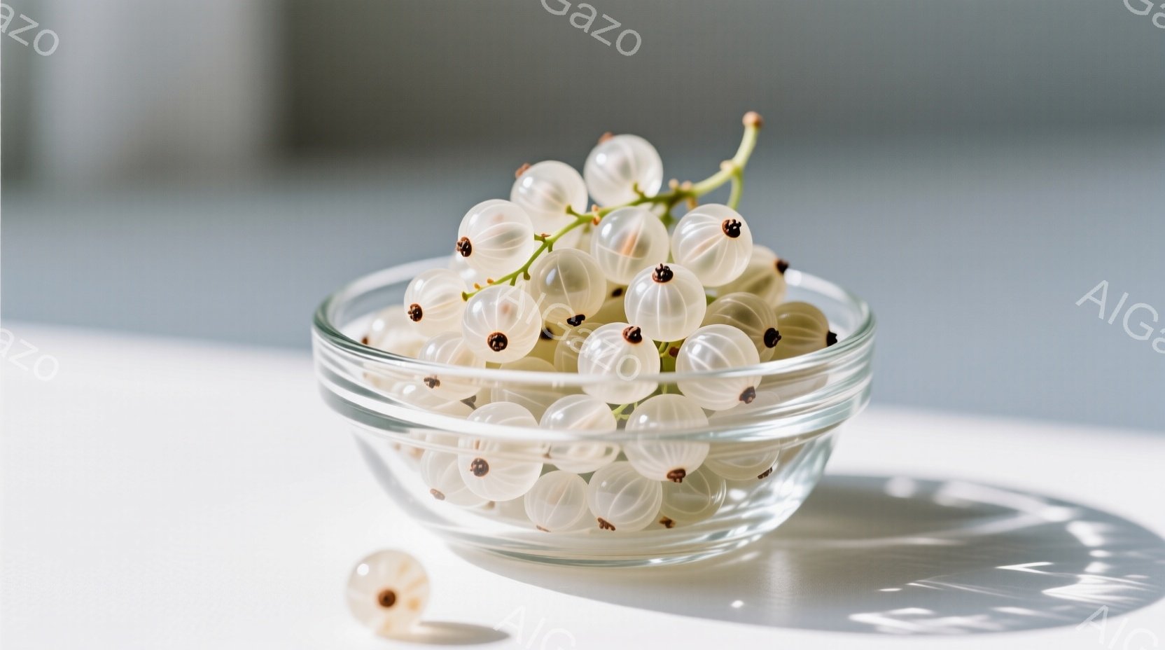 透明なガラス製の器の中に、白く丸いスグリがたっぷり入っています。背景は白く、光の筋が床に落ちており、静かで清潔な印象を与えます。全体的に、シンプルでミニマルな構成であり、スグリの美しさを際立たせています。