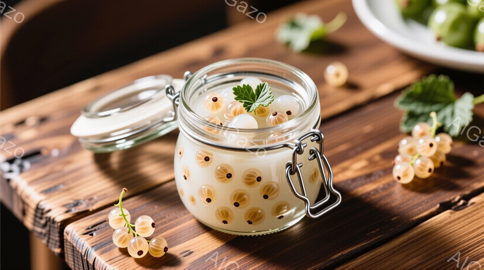 画像は木製のテーブルの上に置かれたガラスの瓶に入った白いデザートを示しています。瓶の中には丸いデザートと小さな果実のようなものが浮かび、上に緑色の葉が飾られています。瓶の周りには、薄いオレンジ色の実が - AI生成フリー素材